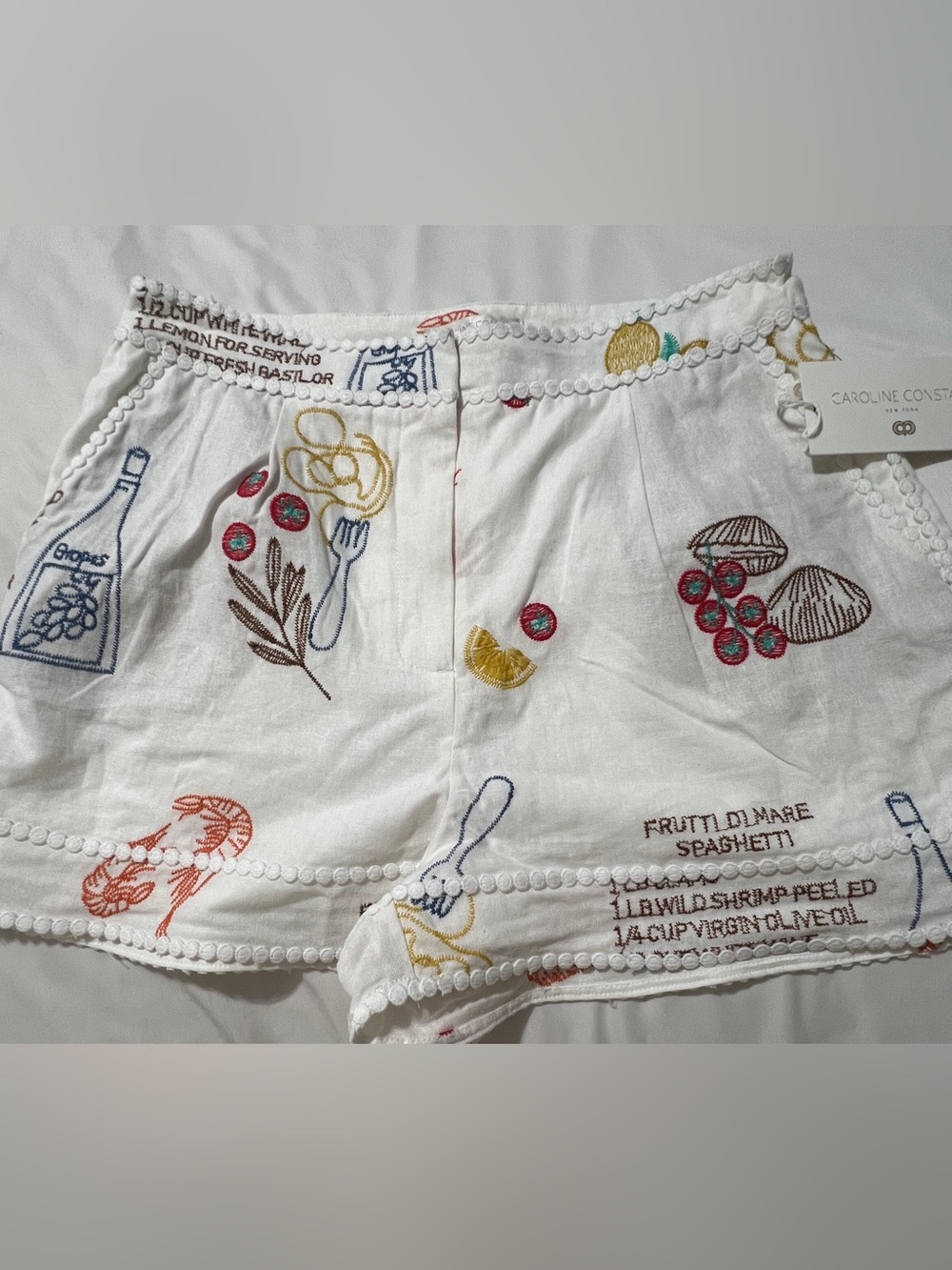 NWT Caroline Constas Embroidered Recipe Shorts White Frutti Di Mare Sz 8